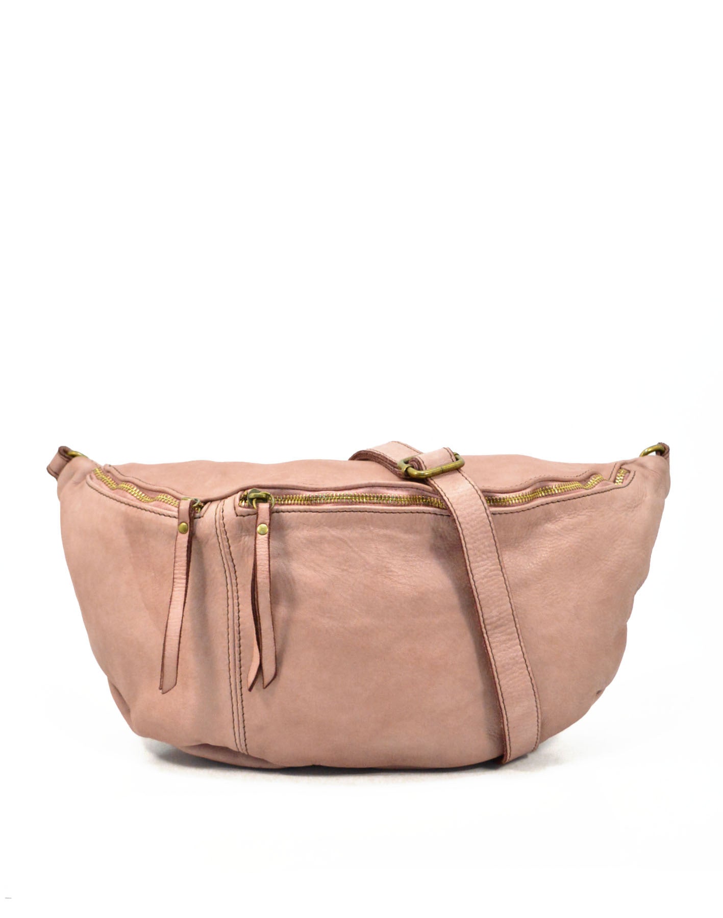 Large crossbody sling bag made with lusciously soft Italian leather in blush pink. Front view with two pockets.