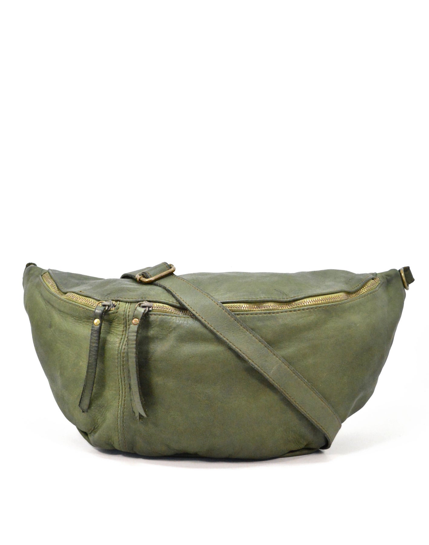 Large crossbody sling bag made with lusciously soft Italian leather in olive. Front view with two pockets.