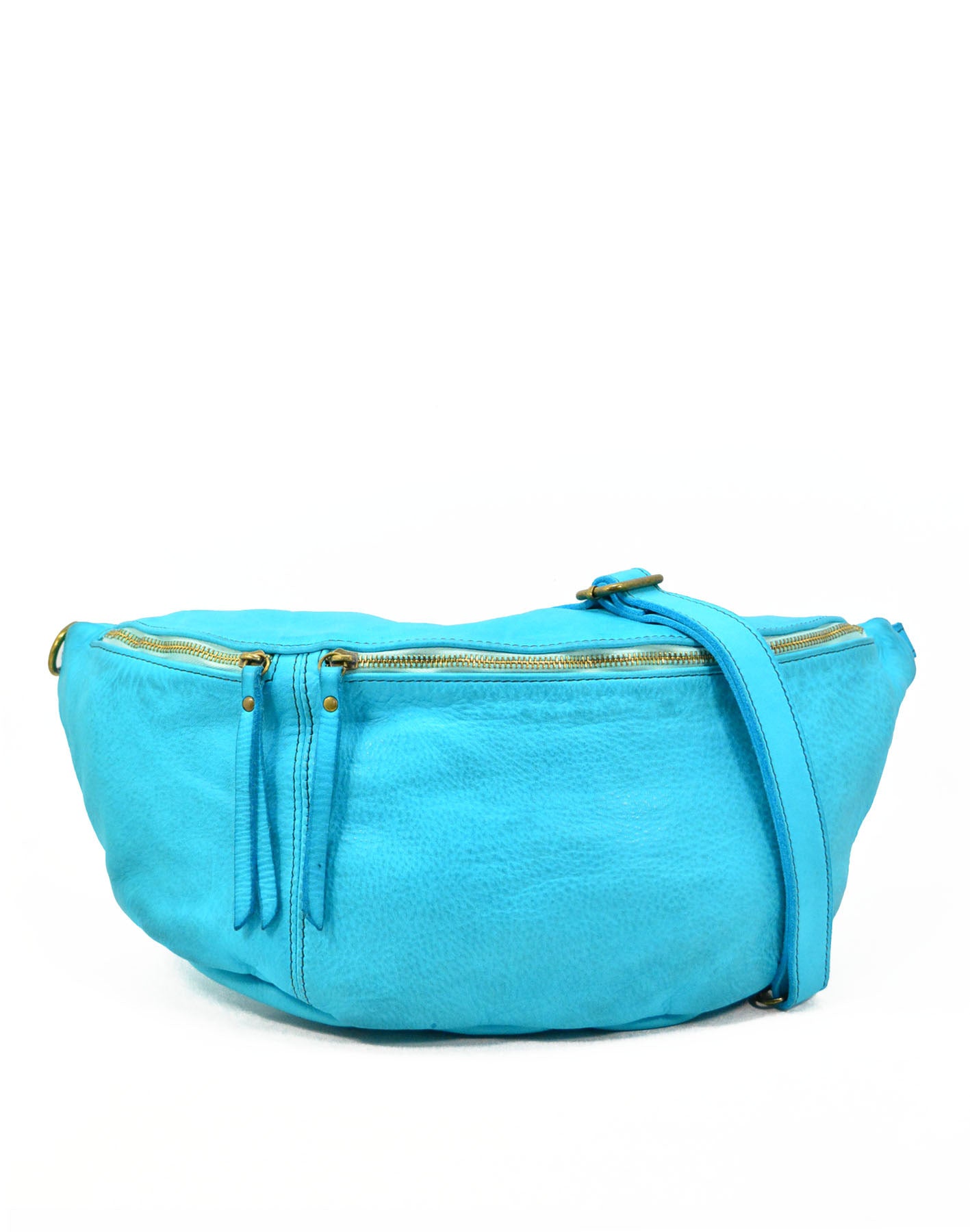 Large crossbody sling bag made with lusciously soft Italian leather in turquoise. Front view with two pockets.