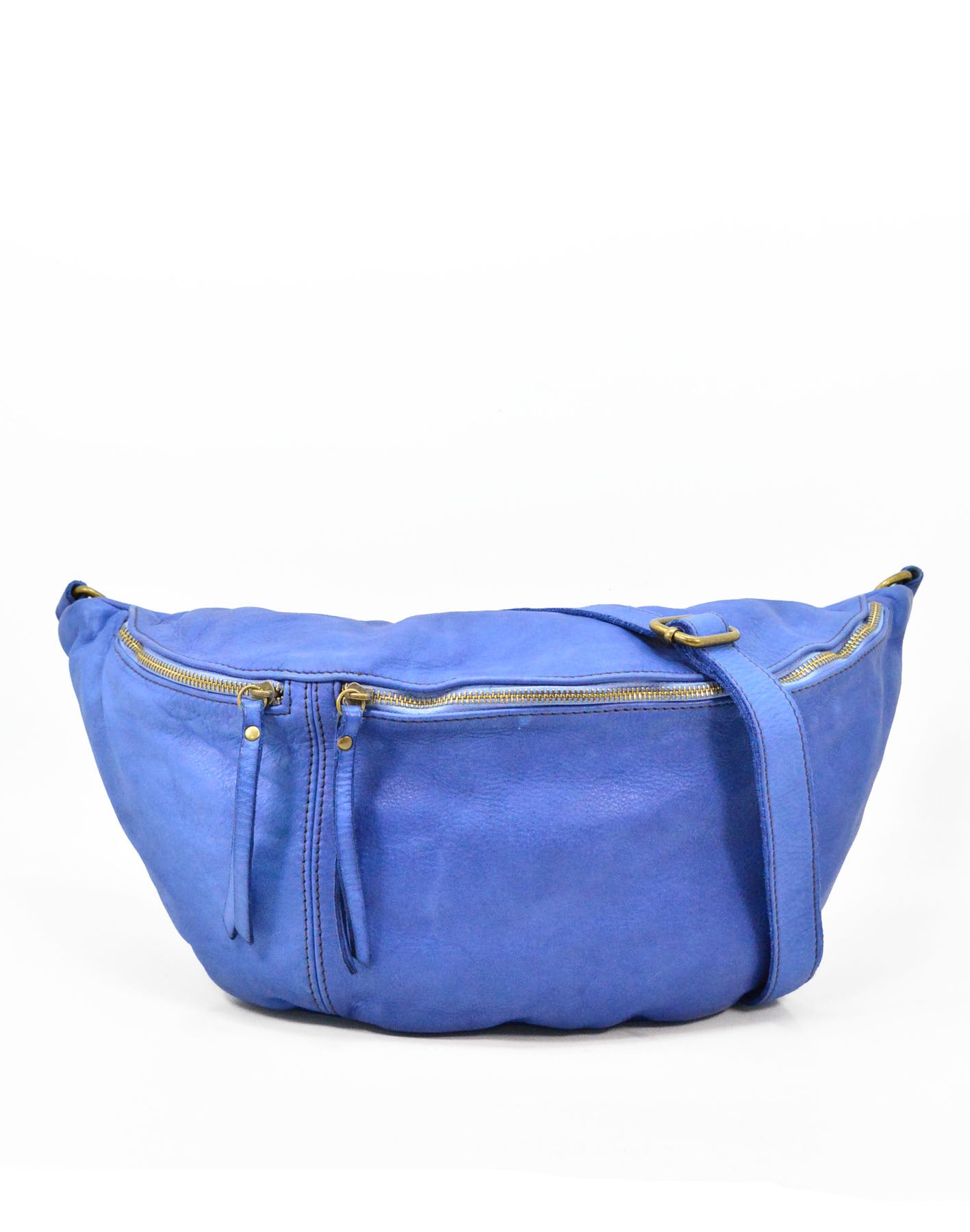 Large crossbody sling bag made with lusciously soft Italian leather in baby blue. Front view with two pockets. 