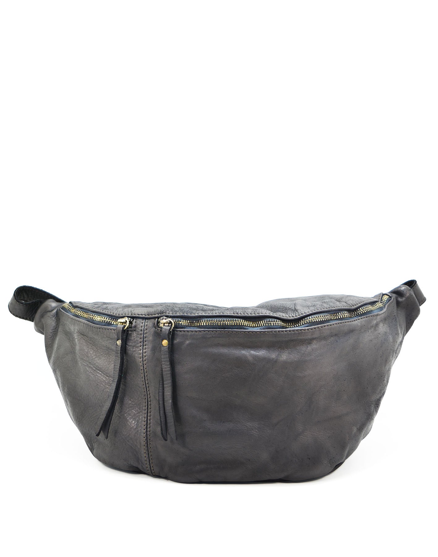 Large crossbody sling bag made with lusciously soft Italian leather in black. Front view with two pockets. 