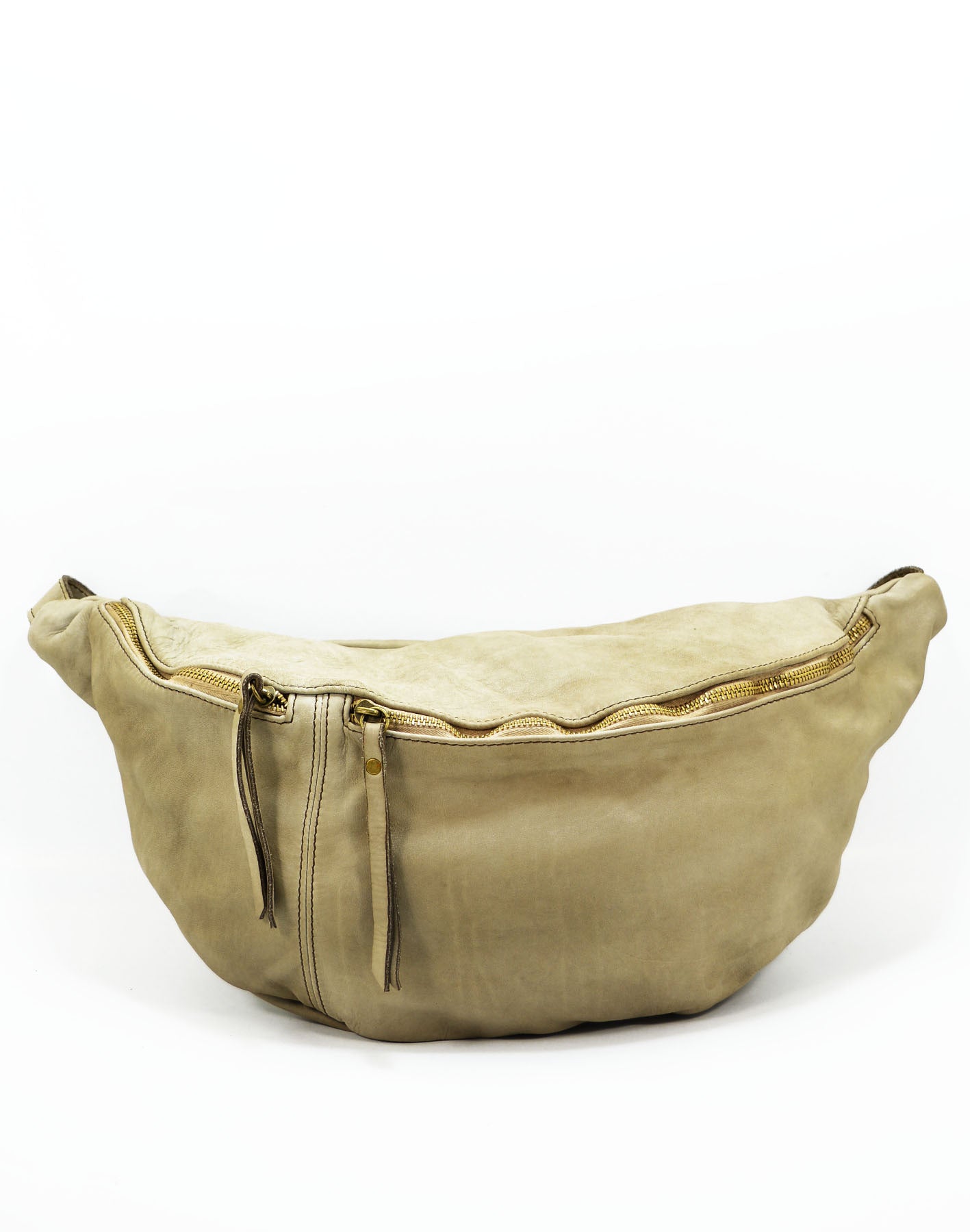 Large crossbody sling bag made with lusciously soft Italian leather in light beige. Front view with two pockets. 